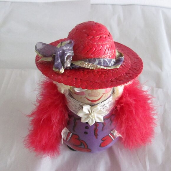 Handcrafted Red Hat Society Lady with Feather Boa Decorative Doll Gourd Figure - Picture 3 of 11